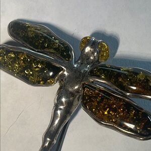 Dragonfly Brooch with Green and Yellow Amber